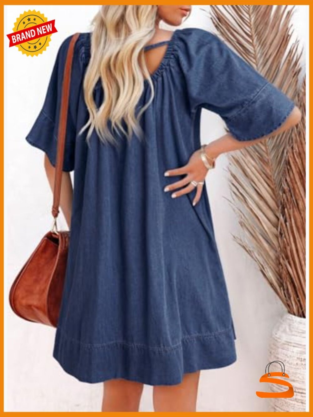 Lightweight Flowy Denim Dress Square Neck Short Sleeve Tie Knot Front - Picture 2 of 7
